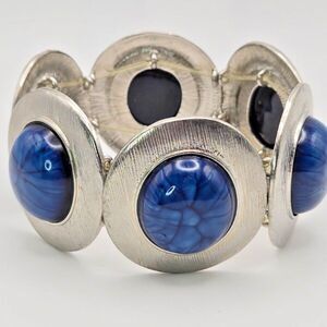Large‎ Silvertone and Blue Cabochon Discs Stretch Cuff Bracelet